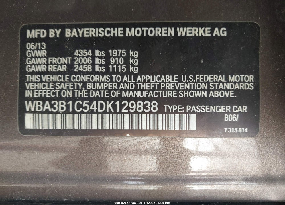 2013 BMW 3 SERIES VIN: WBA3B1C54DK129838