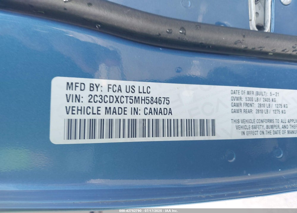 2021 DODGE CHARGER VIN: 2C3CDXCT5MH584675