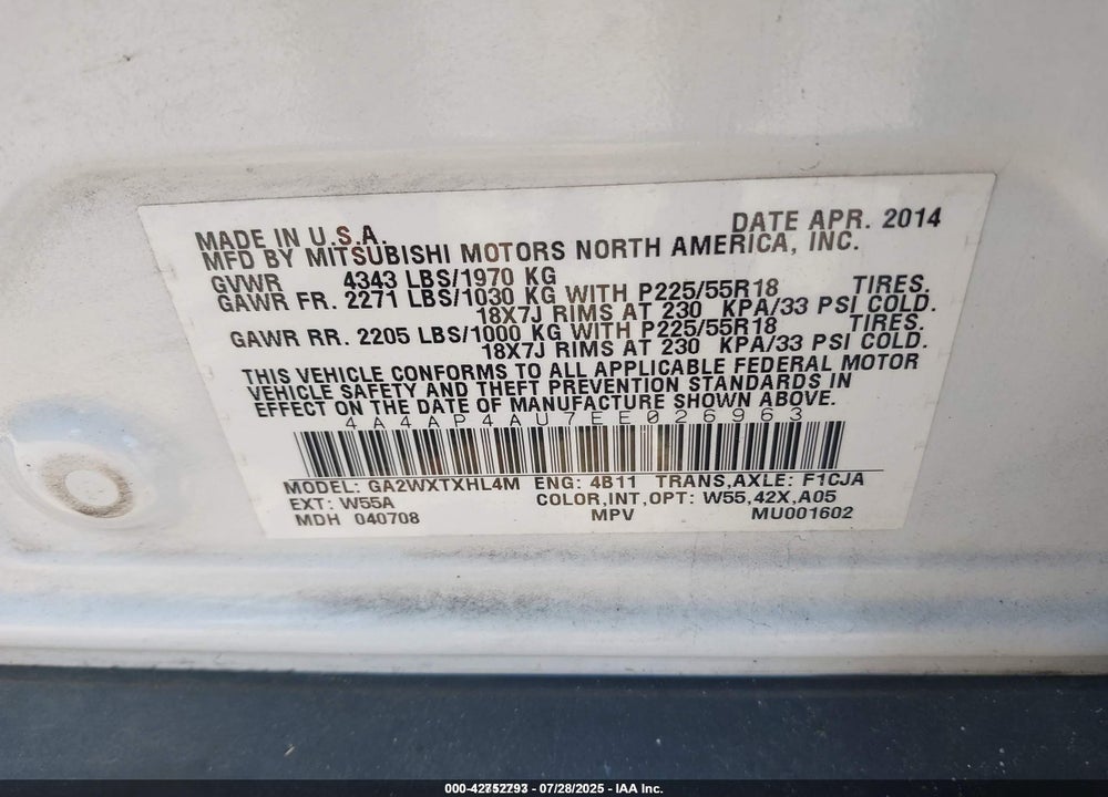 2014 MITSUBISHI OUTLANDER SPORT VIN: 4A4AP4AU7EE026963