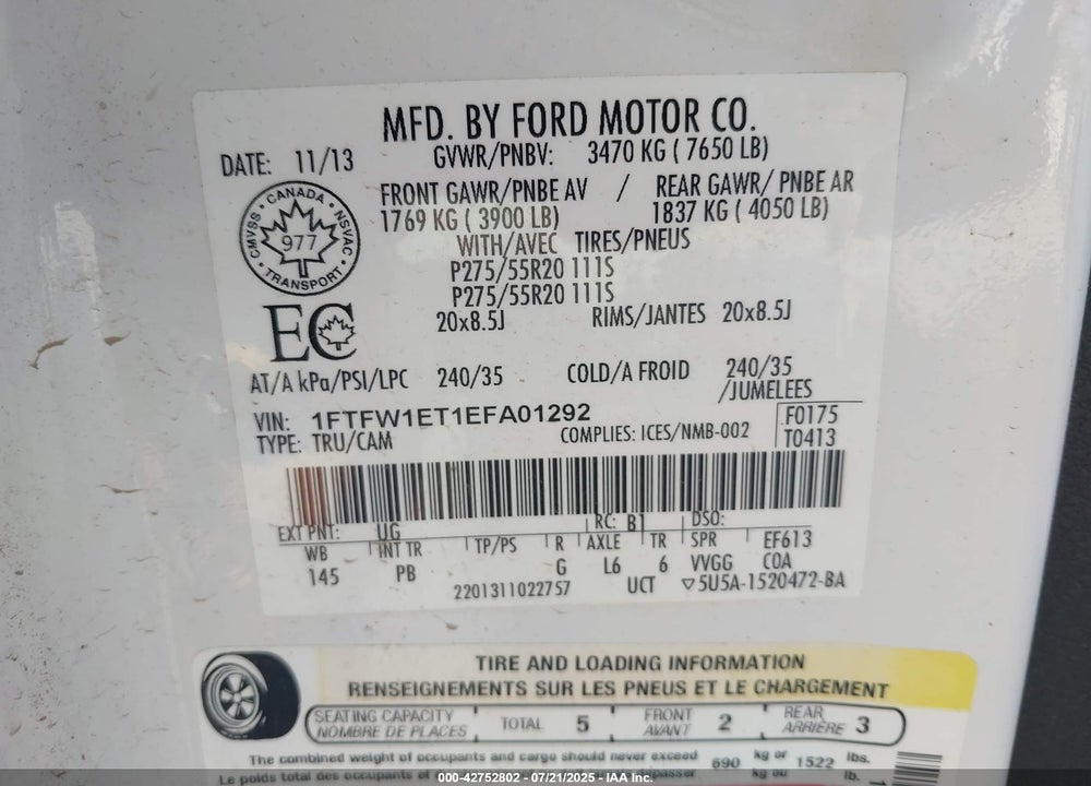 2014 FORD F-150 VIN: 1FTFW1ET1EFA01292