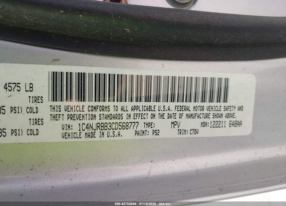 2012 JEEP PATRIOT VIN: 1C4NJRBB3CD568777