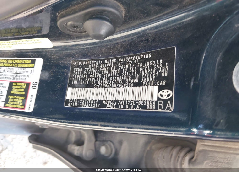 2017 TOYOTA COROLLA VIN: 5YFBURHE5HP650266