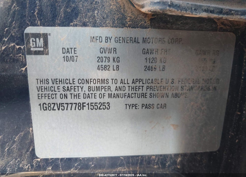 2008 SATURN AURA VIN: 1G8ZV57778F155253