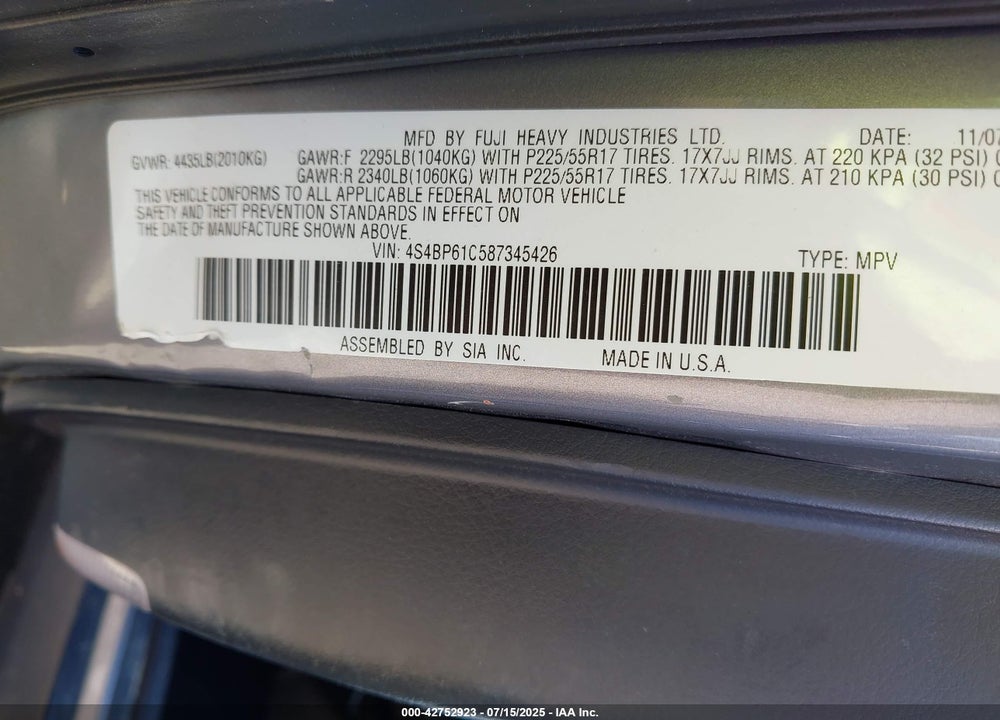 2008 SUBARU OUTBACK VIN: 4S4BP61C587345426