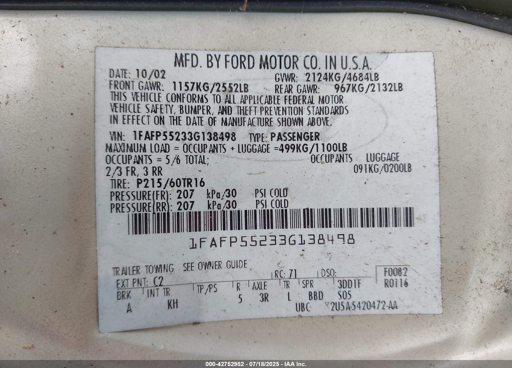 2003 FORD TAURUS VIN: 1FAFP55233G138498