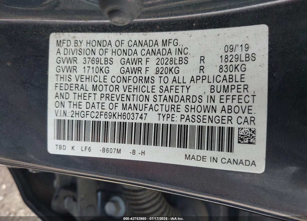 2019 HONDA CIVIC LX VIN: 2HGFC2F69KH603747