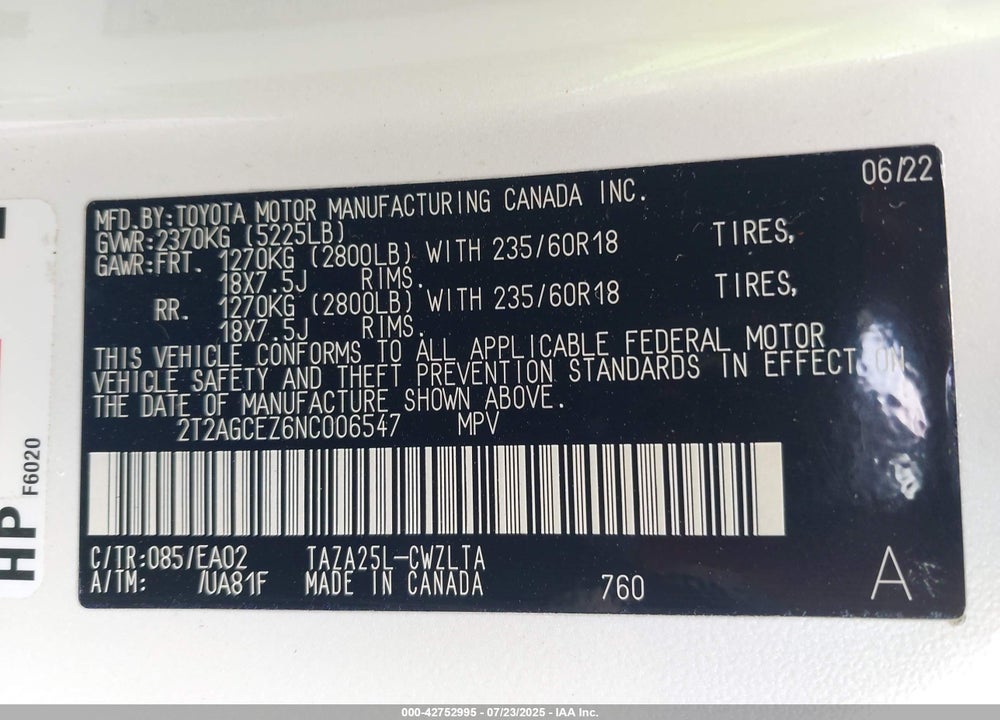 2022 LEXUS NX 350 VIN: 2T2AGCEZ6NC006547