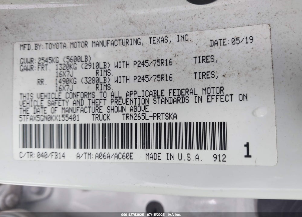 2019 TOYOTA TACOMA VIN: 5TFAX5GN0KX155401