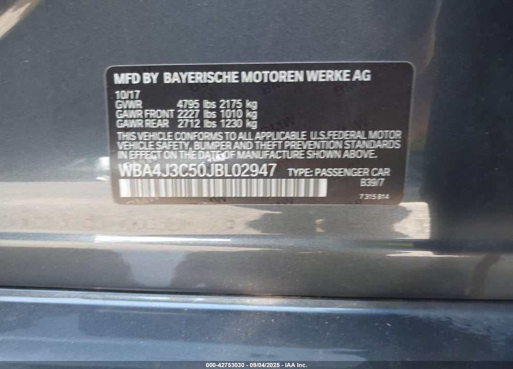 2018 BMW 4 SERIES VIN: WBA4J3C50JBL02947