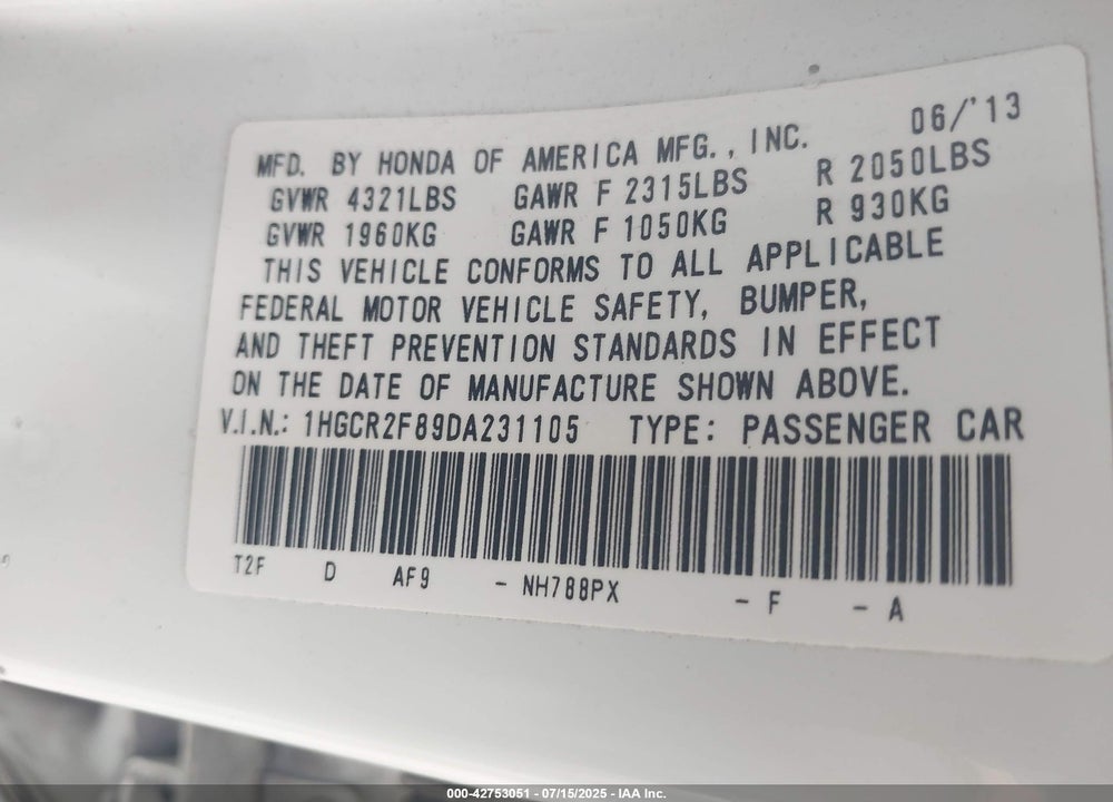 2013 HONDA ACCORD VIN: 1HGCR2F89DA231105