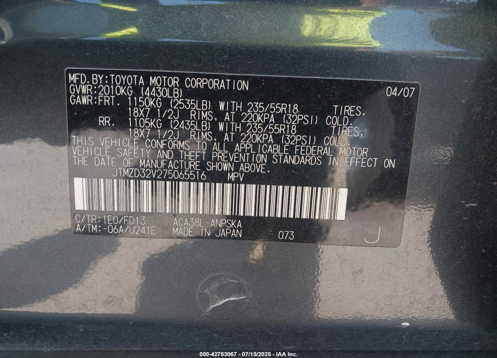 2007 TOYOTA RAV4 VIN: JTMZD32V275065516