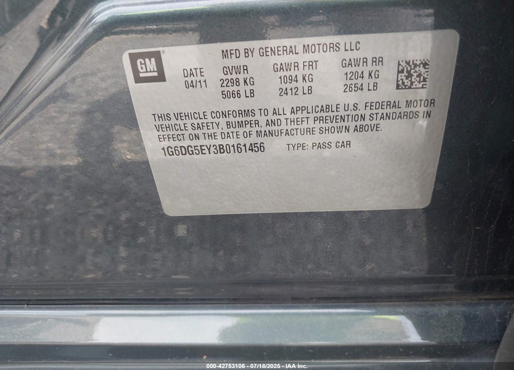 2011 CADILLAC CTS LUXURY VIN: 1G6DG5EY3B0161456