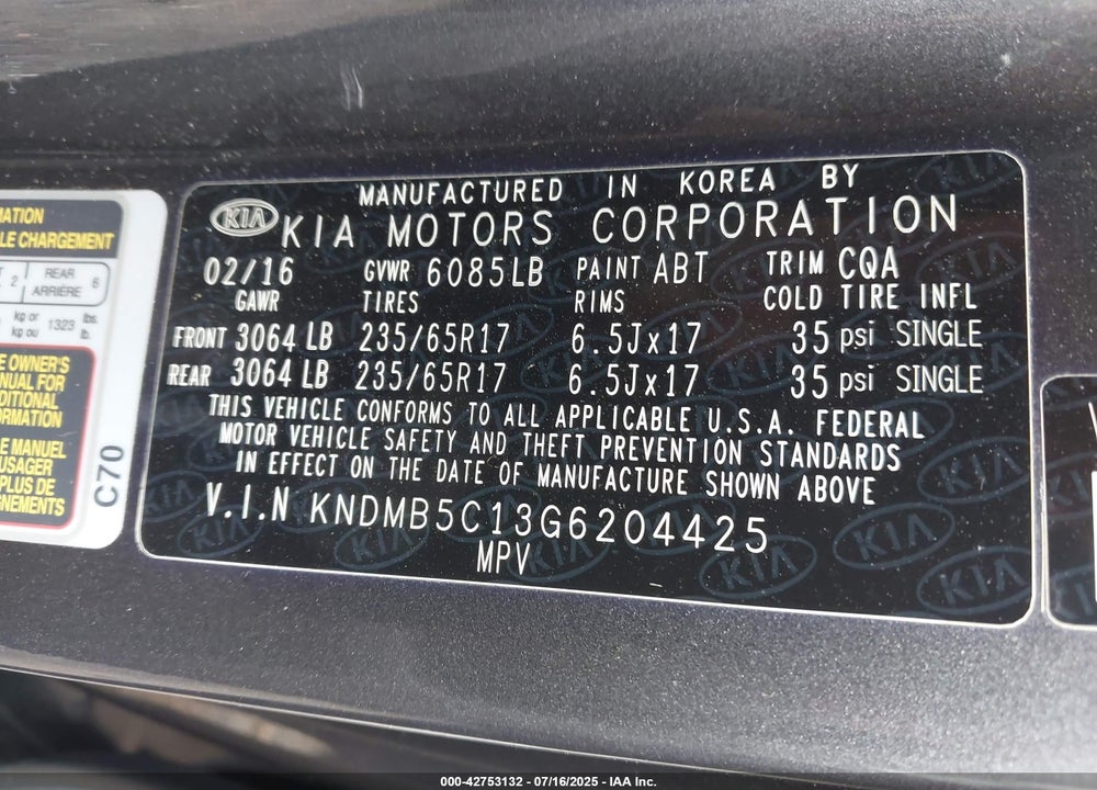 2016 KIA SEDONA LX VIN: KNDMB5C13G6204425