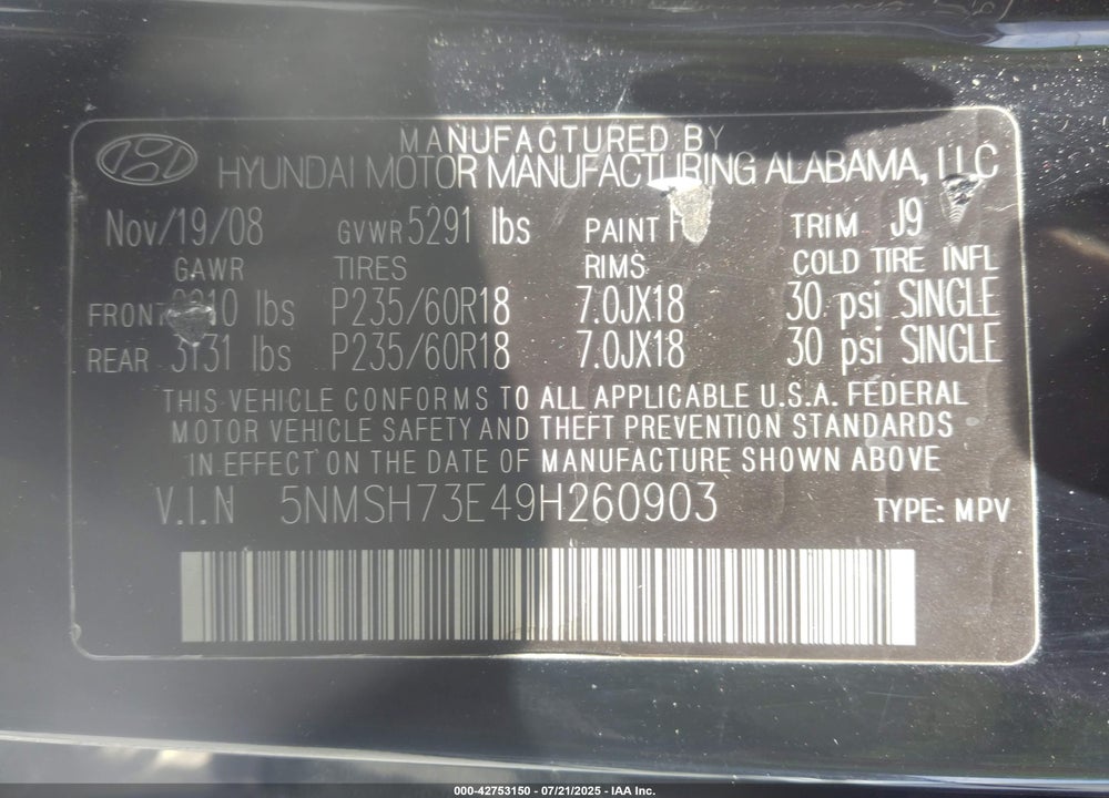 2009 HYUNDAI SANTA FE VIN: 5NMSH73E49H260903