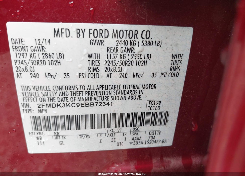 2014 FORD EDGE VIN: 2FMDK3KC9EBB72341
