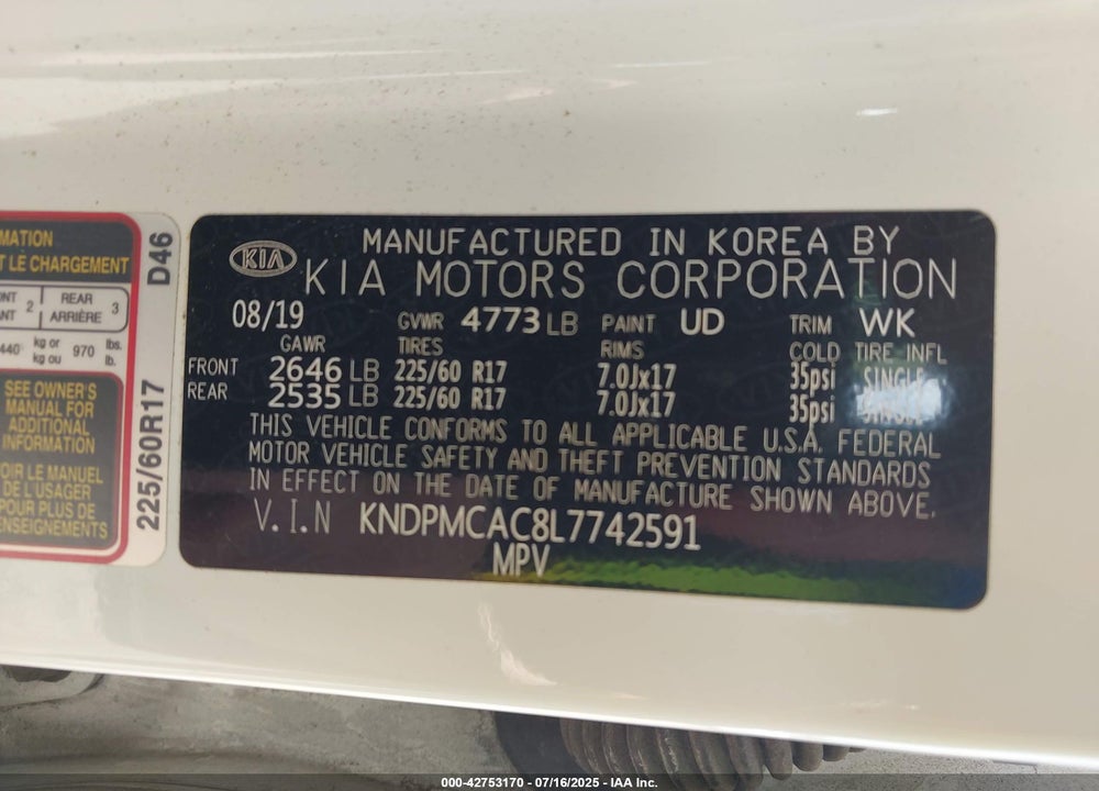 2020 KIA SPORTAGE VIN: KNDPMCAC8L7742591