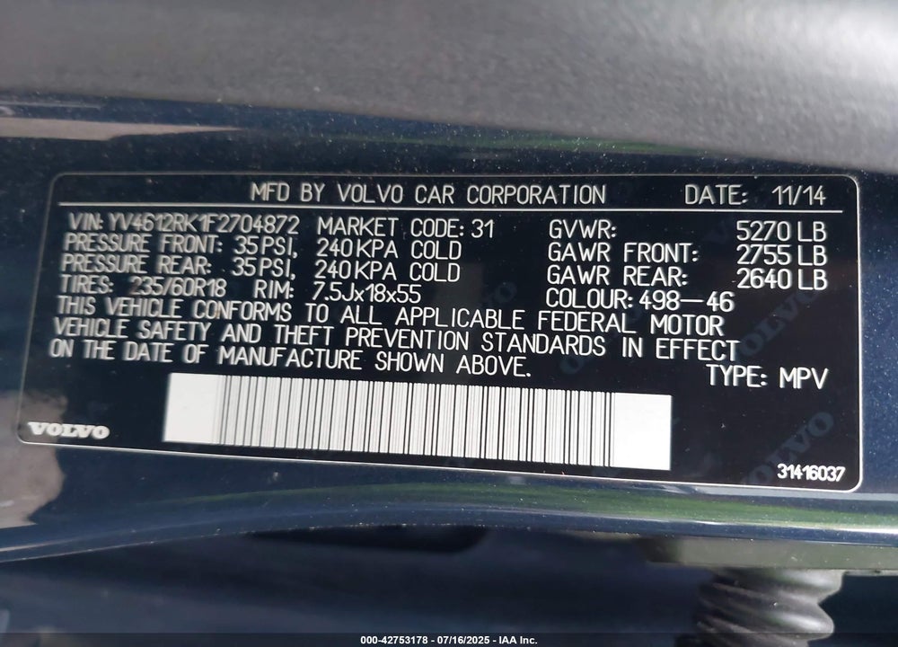 2015 VOLVO XC60 VIN: YV4612RK1F2704872