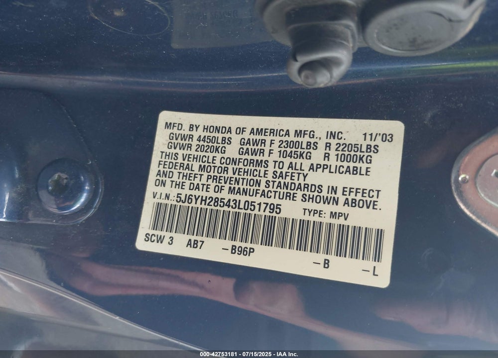 2003 HONDA ELEMENT EX VIN: 5J6YH28543L051795