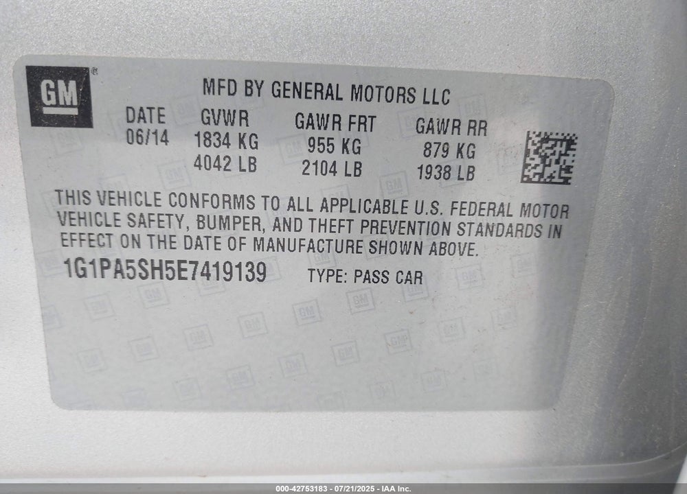 2014 CHEVROLET CRUZE VIN: 1G1PA5SH5E7419139