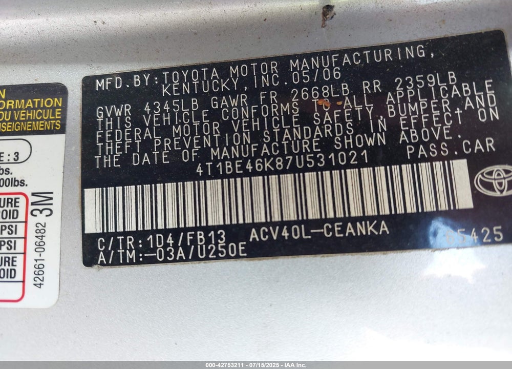 2007 TOYOTA CAMRY VIN: 4T1BE46K87U531021