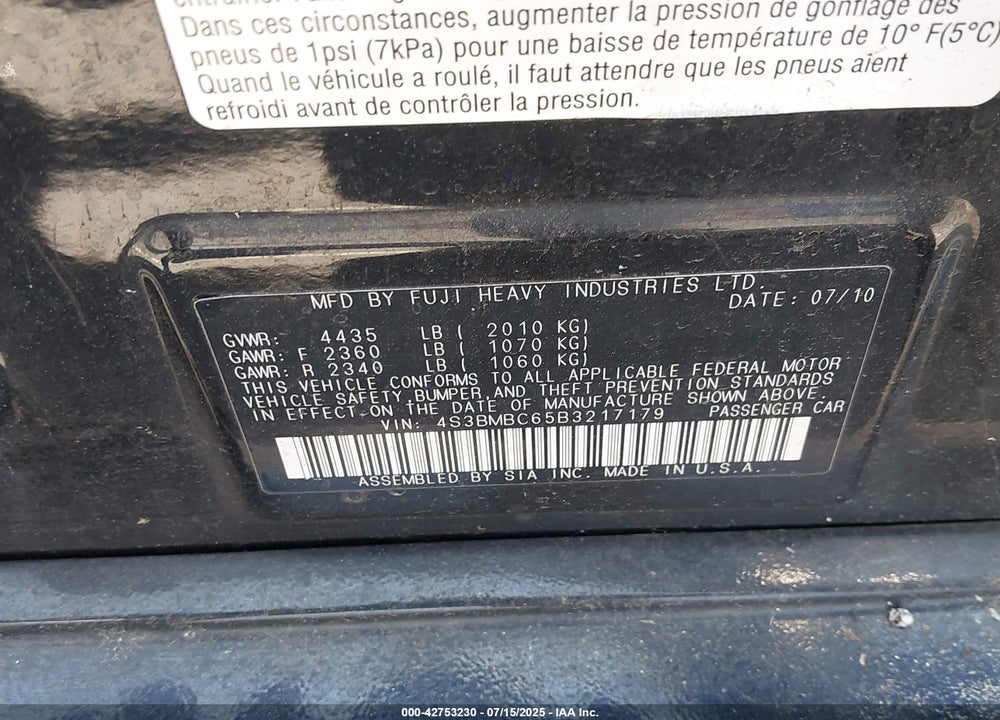 2011 SUBARU LEGACY VIN: 4S3BMBC65B3217179