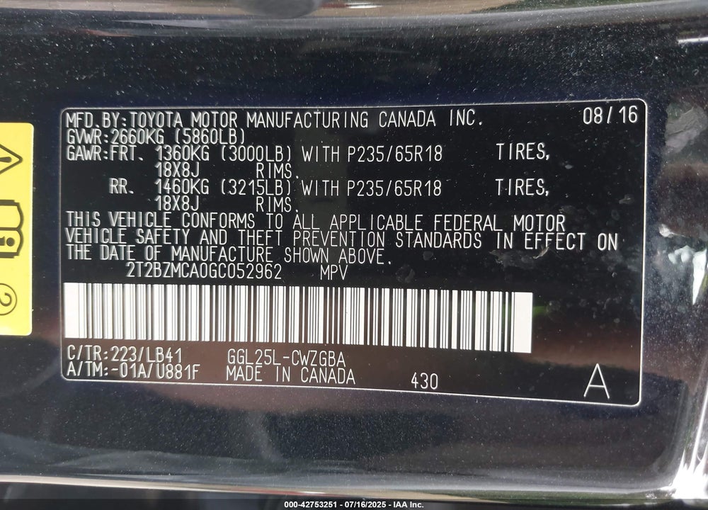 2016 LEXUS RX 350 VIN: 2T2BZMCA0GC052962