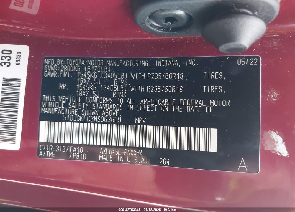 2022 TOYOTA SIENNA XLE VIN: 5TDJSKFC3NS063609