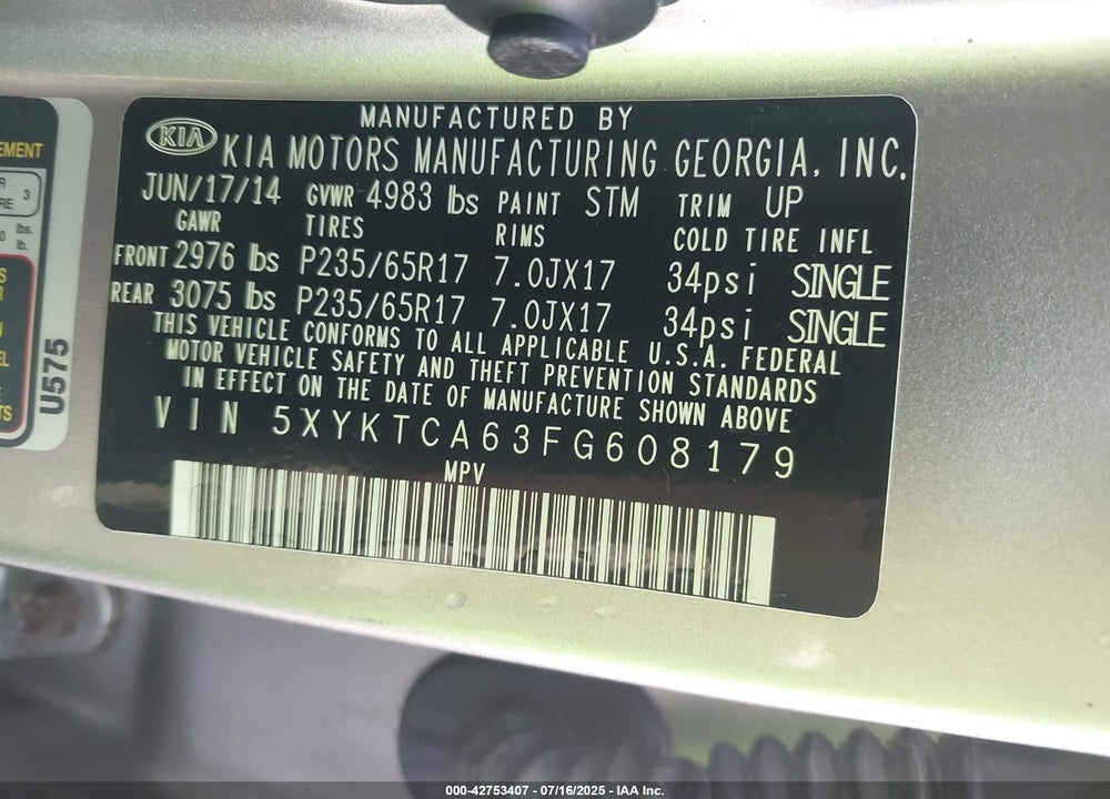 2015 KIA SORENTO VIN: 5XYKTCA63FG608179