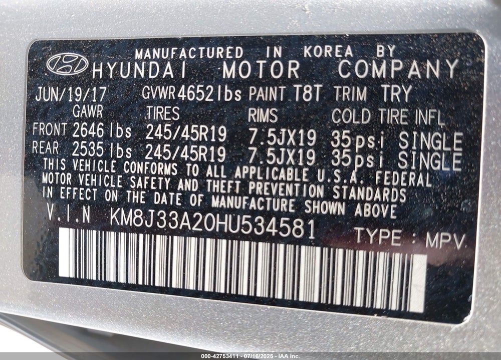 2017 HYUNDAI TUCSON LIMITED VIN: KM8J33A20HU534581