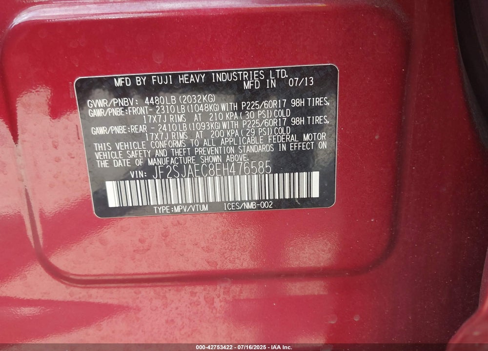 2014 SUBARU FORESTER VIN: JF2SJAEC8EH476585