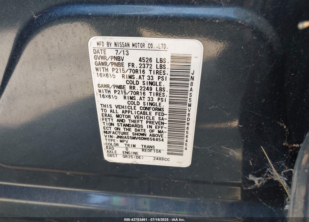2013 NISSAN ROGUE VIN: JN8AS5MV6DW656454