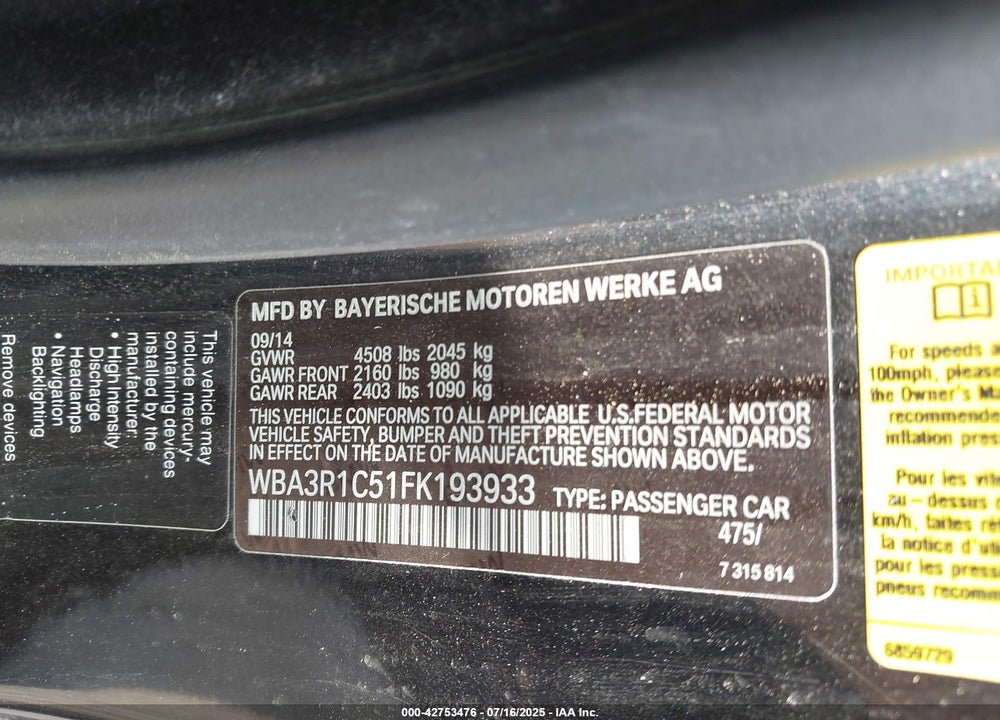 2015 BMW 4 SERIES VIN: WBA3R1C51FK193933