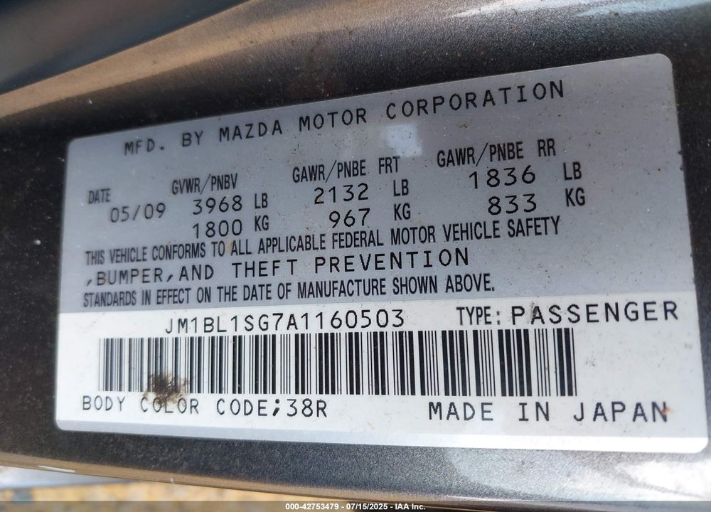 2010 MAZDA 3 VIN: JM1BL1SG7A1160503