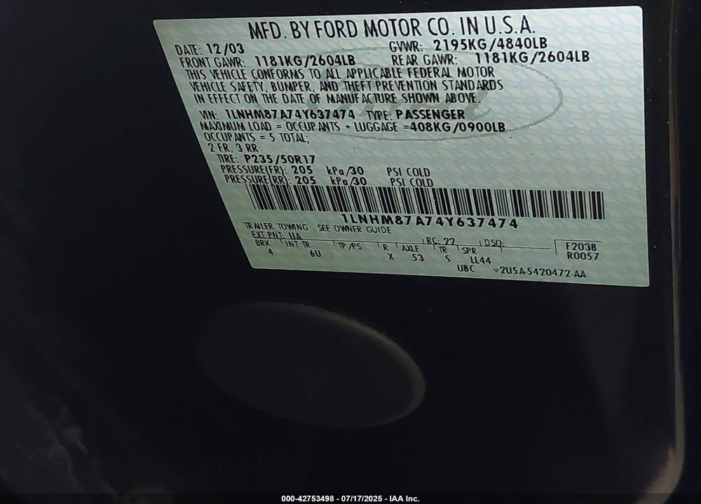 2004 LINCOLN LS V8 VIN: 1LNHM87A74Y637474