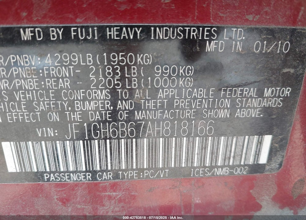 2010 SUBARU IMPREZA VIN: JF1GH6B67AH818166