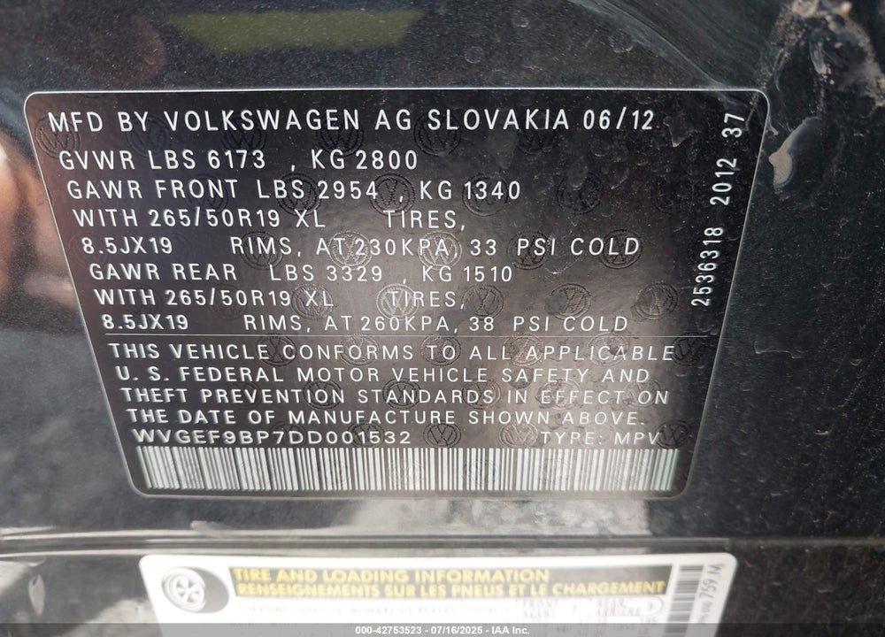 2013 VOLKSWAGEN TOUAREG VIN: WVGEF9BP7DD001532