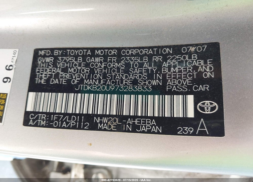 2007 TOYOTA PRIUS VIN: JTDKB20U973283833