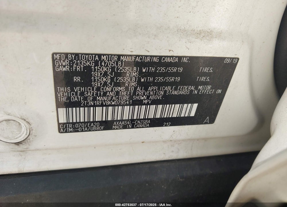2019 TOYOTA RAV4 VIN: 2T3N1RFV8KW079541