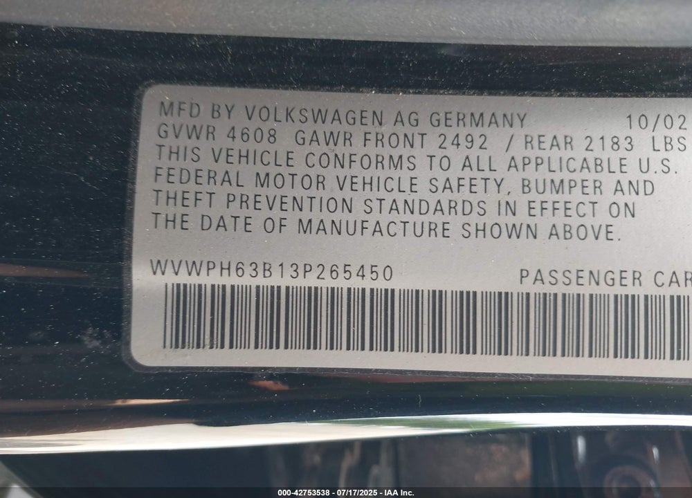 2003 VOLKSWAGEN PASSAT GLS V6 VIN: WVWPH63B13P265450
