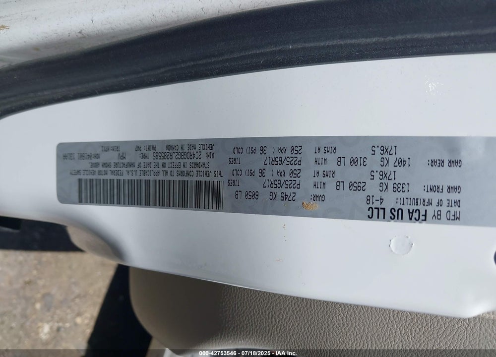 2018 DODGE GRAND CARAVAN SE VIN: 2C4RDGBG2JR285595