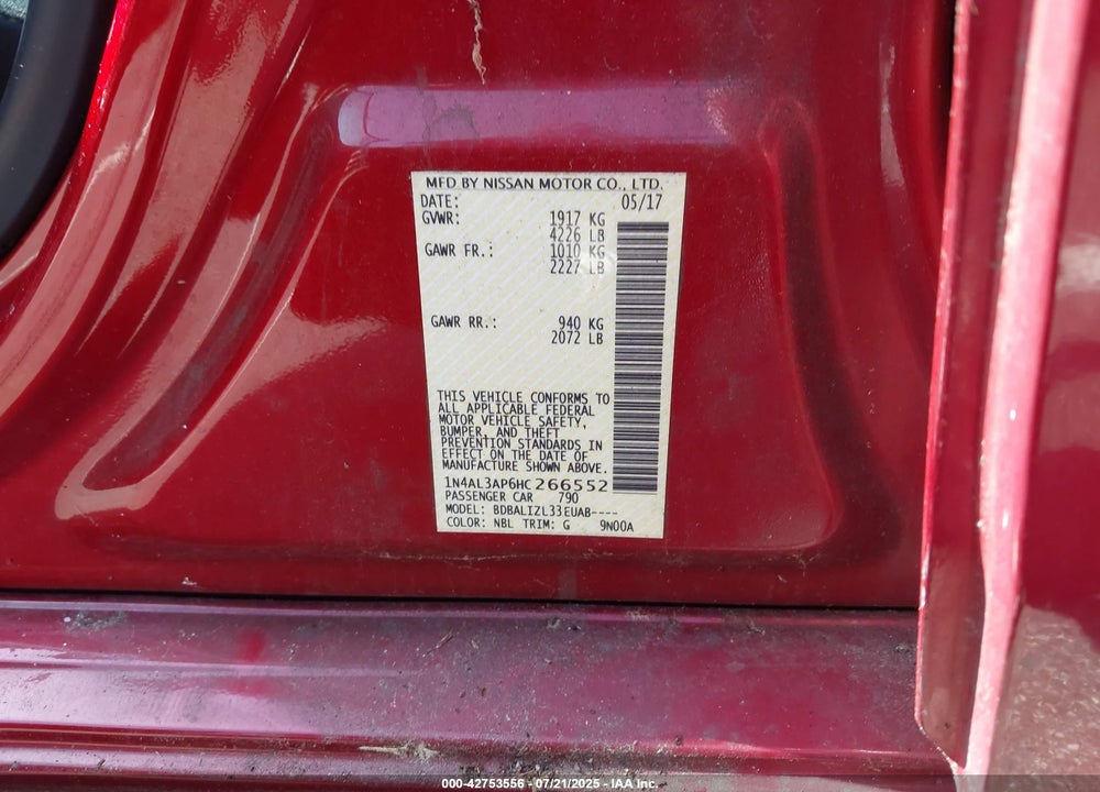 2017 NISSAN ALTIMA 2.5 SV VIN: 1N4AL3AP6HC266552
