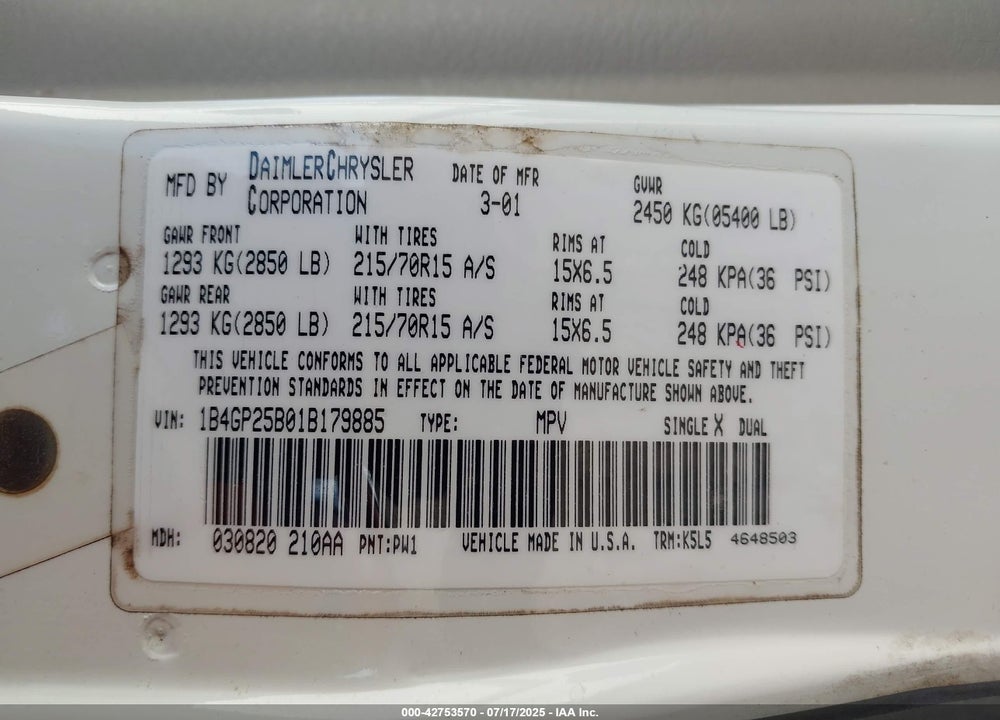2001 DODGE CARAVAN VIN: 1B4GP25B01B179885