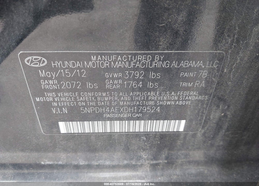 2013 HYUNDAI ELANTRA GLS VIN: 5NPDH4AEXDH179524