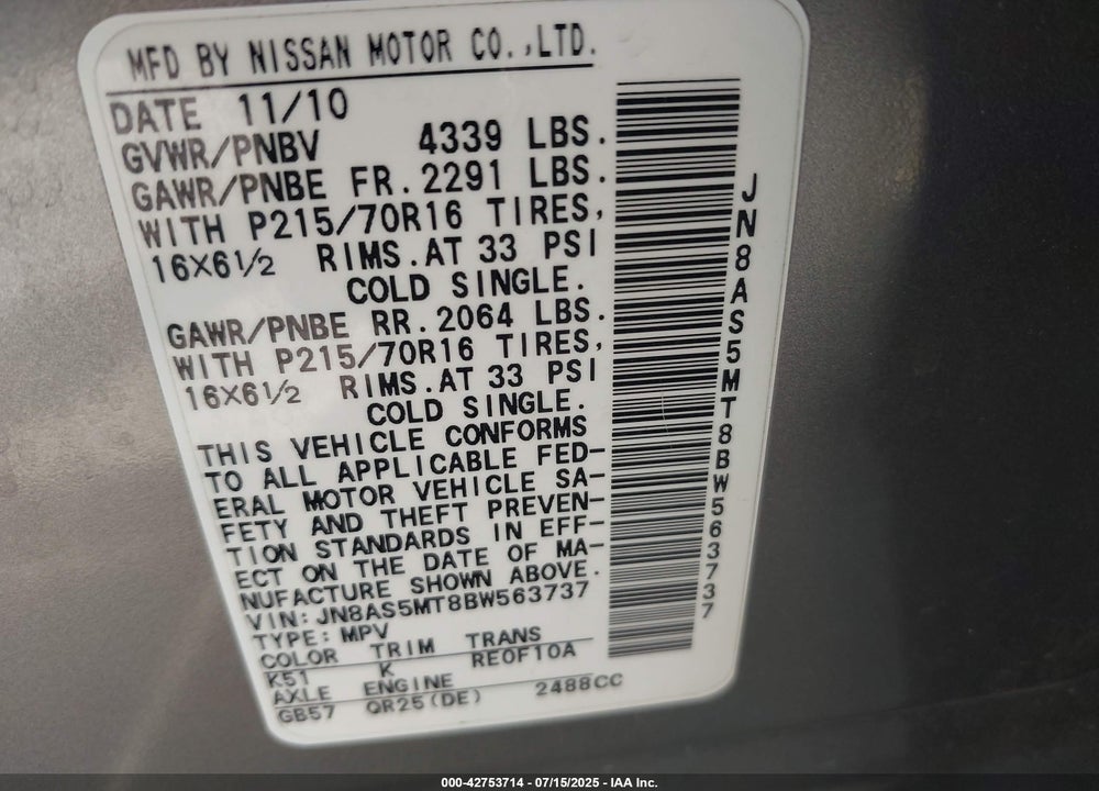 2011 NISSAN ROGUE VIN: JN8AS5MT8BW563737