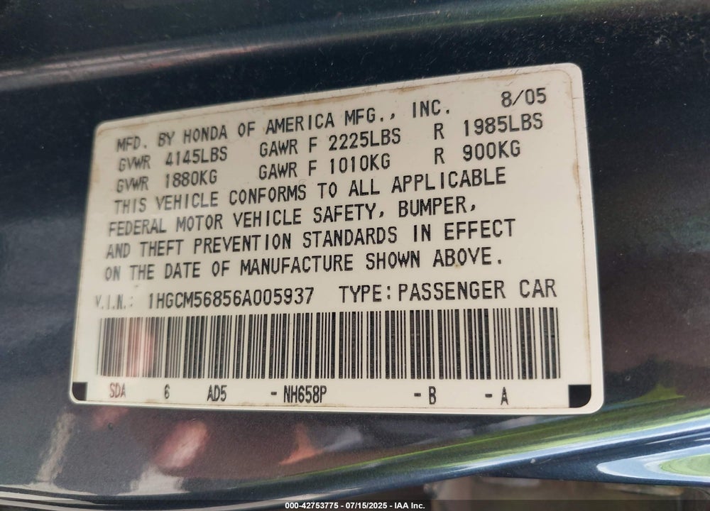 2006 HONDA ACCORD VIN: 1HGCM56856A005937