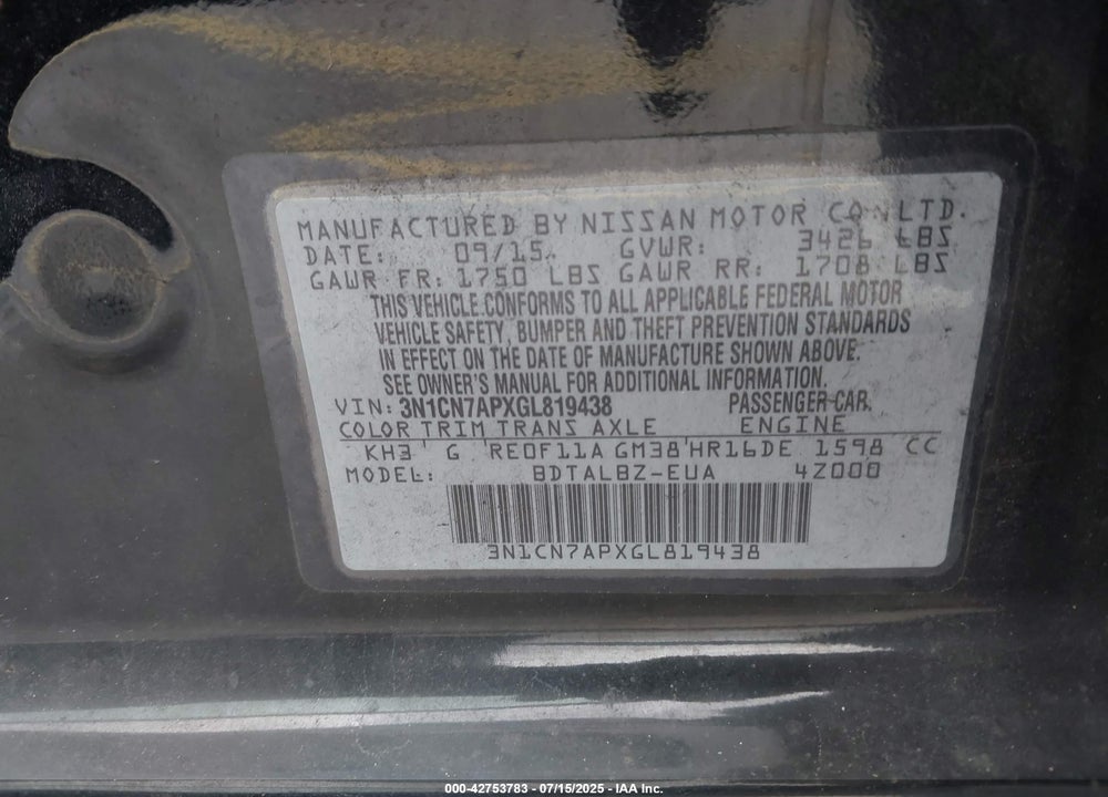 2016 NISSAN VERSA VIN: 3N1CN7APXGL819438