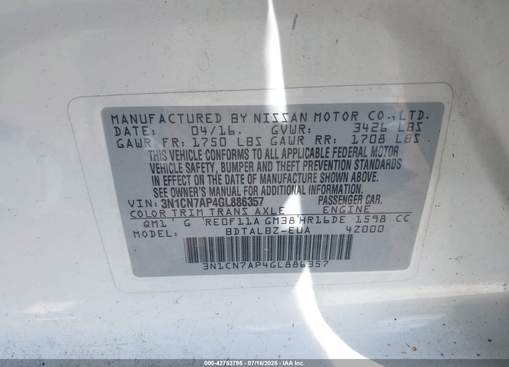2016 NISSAN VERSA VIN: 3N1CN7AP4GL886357
