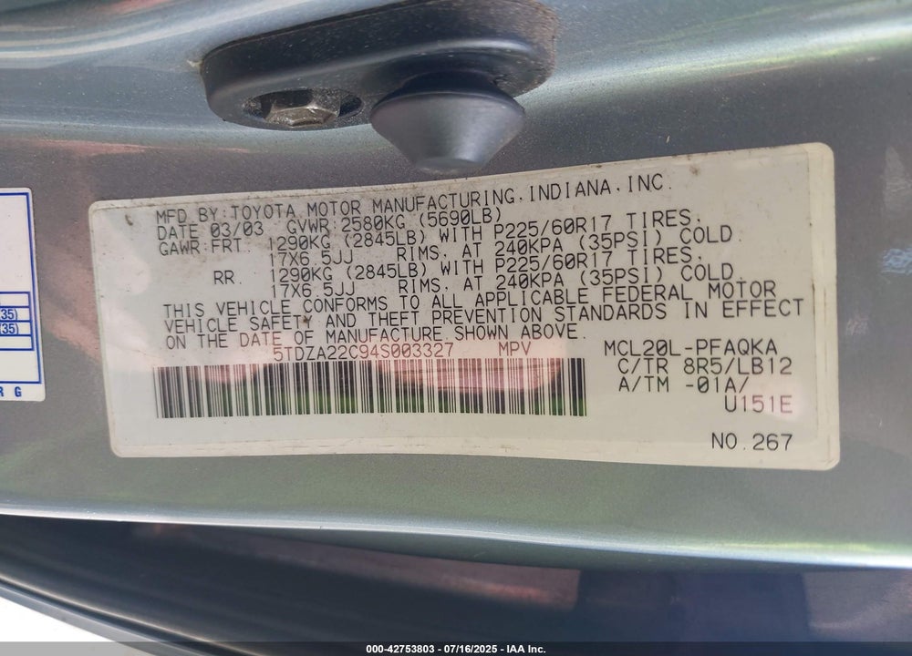 2004 TOYOTA SIENNA XLE LIMITED VIN: 5TDZA22C94S003327