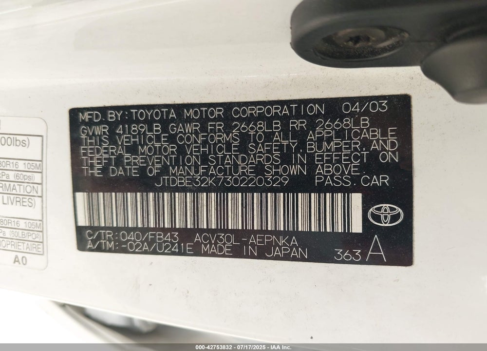 2003 TOYOTA CAMRY LE VIN: JTDBE32K730220329