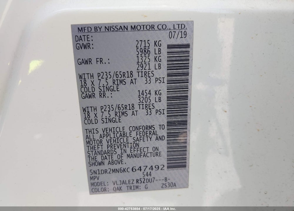 2019 NISSAN PATHFINDER VIN: 5N1DR2MN6KC647492